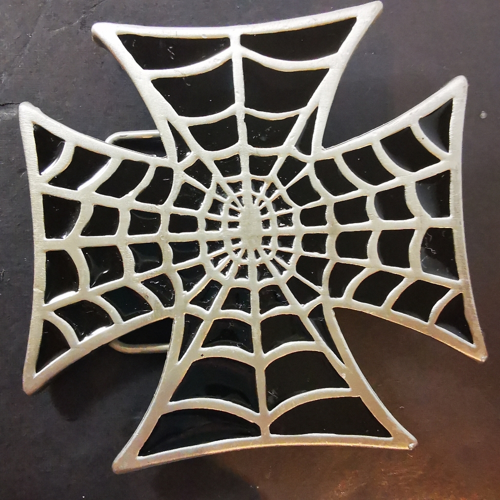 Black and Pewter Tone Metal Spider Web Cross Belt Buckle